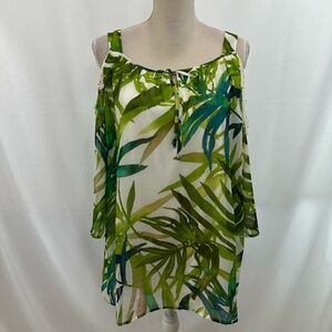 NWOT Chico's 2 Cold Shoulder Blouse Medium Green Sheer Garden Lace Beach Boho